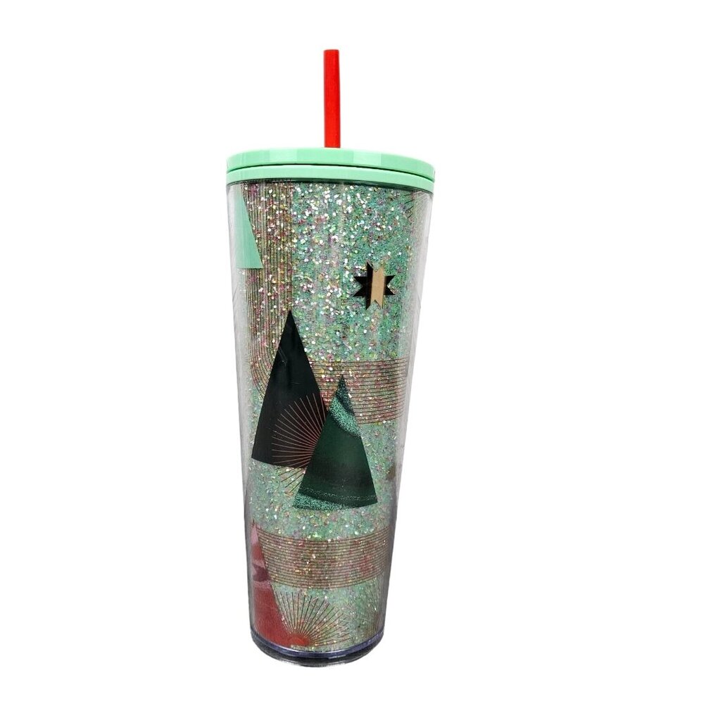 Starbucks Christmas Cold Travel Cup 24 floz Tumbler Straw Glitter Insulated Tree